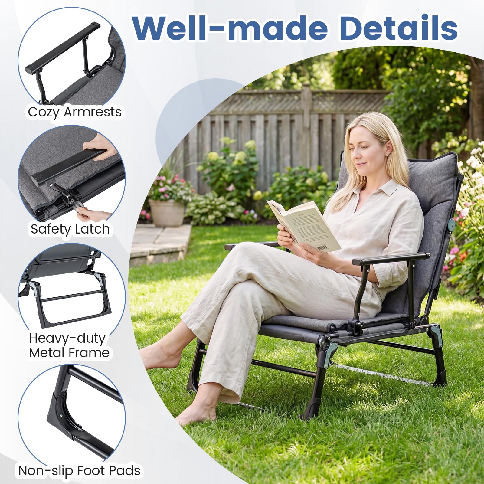 Tangkula 3 in 1 Lounge Chair Outdoor Patio Folding Chaise Lounge Chair Heavy Duty Metal Frame
