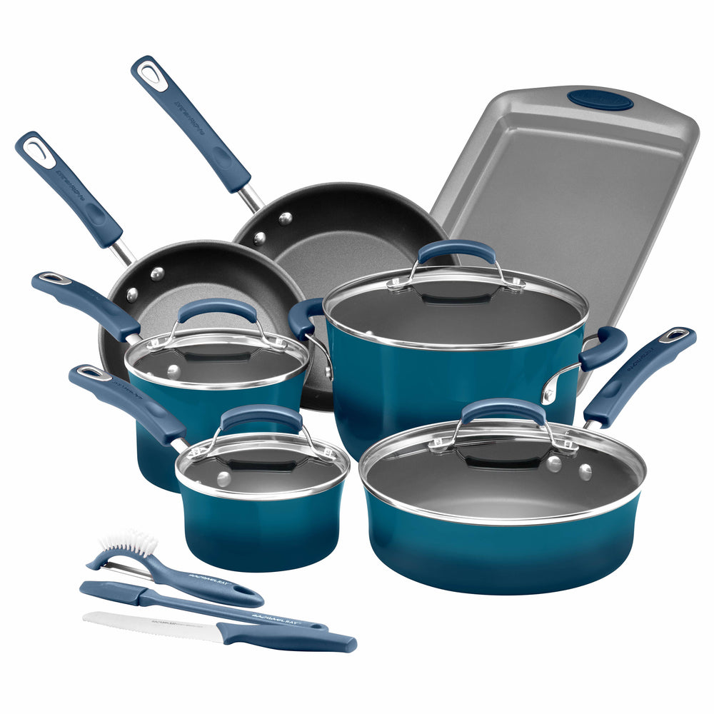 Rachael Ray 14 Piece Hard Enamel Nonstick Cookware Set, Marine Blue